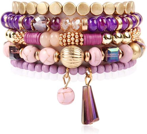 Amazon.com: RIAH FASHION Bohemian Mix Bead Multi Layer Versatile Statement Bracelets - Stackable Beaded Strand Stretch Bangles Sparkly Crystal, Tassel Charm (Pink): Jewelry