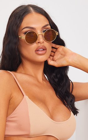 PRETTYLITTLETHING Gold With Brown Lens Round Sunglasses | PrettyLittleThing