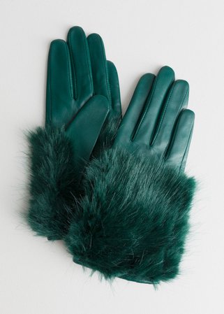 Faux Fur Leather Gloves - Green - Leather gloves - & Other Stories