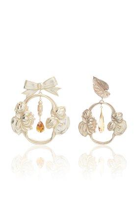 Silver Bow and Leaf Baroque Earrings with Swarovski Crystal Details by Rodarte | Moda Operandi