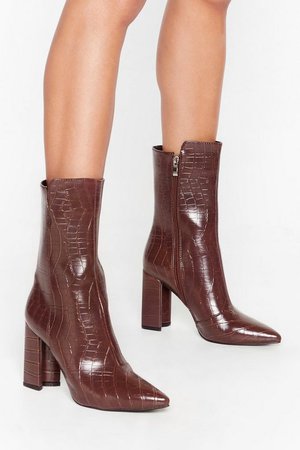 Faux Leather Croc Cut-Out Boots with Block Heel | Nasty Gal