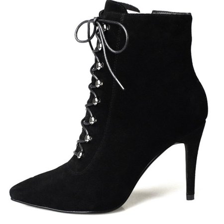 Black Lace up Boots Pointy Toe Suede Stiletto Heel Booties for Work for Work, Anniversary | FSJ