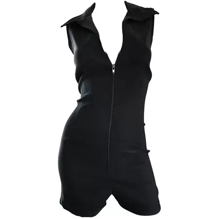 1990s Does 1970s Black Crepe Sleeveless One Piece 90s Vintage Romper Jumpsuit For Sale at 1stDibs