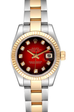 VINTAGE ROLEX LADY DATE - OYSTER STEEL/YELLOW GOLD, RED OMBRE DIAL WITH DIAMONDS