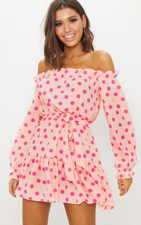 Dusty Pink Polka Dot Bardot Tie Waist Shift Dress | PrettyLittleThing