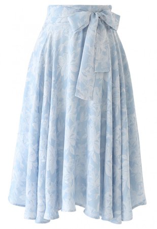 Sassy Leaves Jacquard Bowknot Waist Midi Skirt in Sky Blue - NEW ARRIVALS - Retro, Indie and Unique Fashion