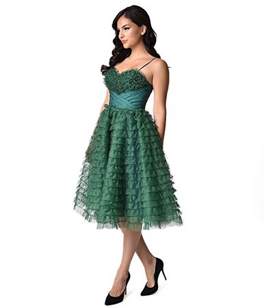 Unique Vintage 1950s Emerald Green Ruffled Tulle Sweetheart Cupcake Swing Dress at Amazon Women’s Clothing store:
