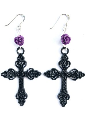 Purple Rose Ornate Black Cross Gothic Earrings | Gothic