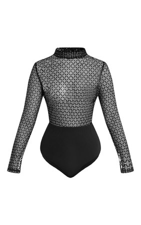 Parva Black Sheer Metallic Flock Thong Bodysuit | PrettyLittleThing USA