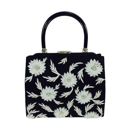 1950s black faille and white floral beaded handbag Elise Tu Hong Kong For Sale at 1stDibs
