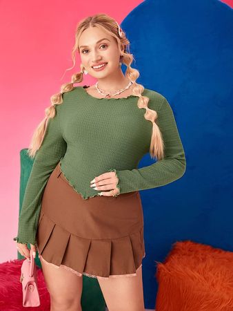 Milumia Women's Plus Size Rib Knit Lettuce Trim Long Sleeve Asymmetrical Hem Crop Tee Tops Army Green 3X-Large Plus at Amazon Women’s Clothing store