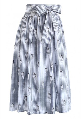 Kitten Print Bowknot Stripes Midi Skirt - BUYER'S PICK - Retro, Indie and Unique Fashion