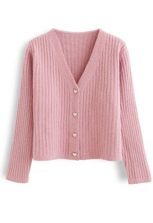 Cozy V-Neck Ribbed Knit Cardigan in Pink - Retro, Indie and Unique Fashion