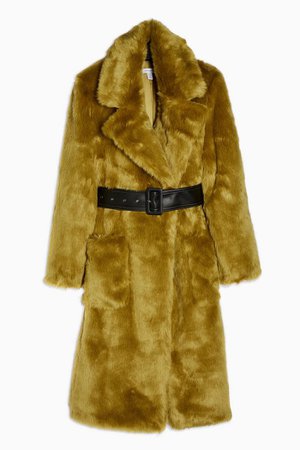 Chartreuse Faux Fur Belted Coat | Topshop green