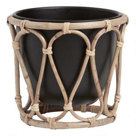 Black Metal Tabletop Planter with Rattan Cane Stand | World Market