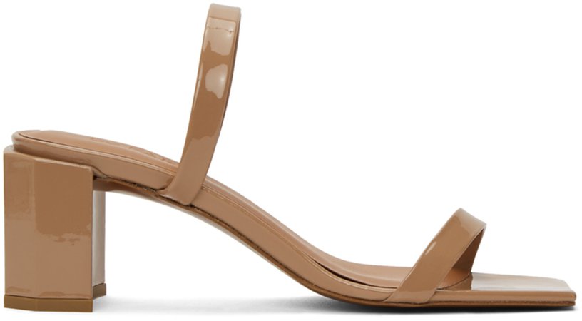BY FAR: Tan Patent Tanya Heeled Sandals | SSENSE
