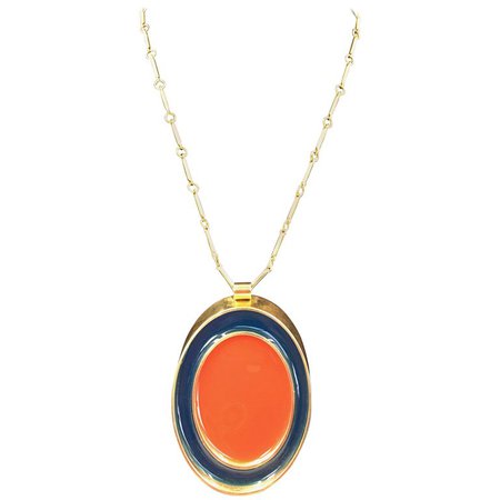 Guy Laroche Gold Tone Necklace with Red + Navy Enamel Plated Oval Pendant For Sale at 1stdibs