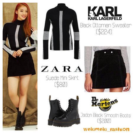 Weki Meki's Fashion on Instagram: “LUCY CECI KOREA KARL LARGERFELD- Black Ottoman Sweater ($224) ZARA- Suede Mini Skirt ($80) DR.MARTENS- Jadon Black Smooth Boots…”