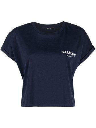Balmain flocked-logo cropped short-sleeve T-shirt