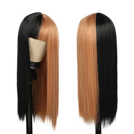 Amazon.com: Kaneles Half Blonde Half Black Wig Long Straight Hair with Bangs Cosplay Natural Wig for Women Cosplay Party Show : Clothing, Shoes & Jewelry