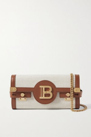Brown B-Buzz 23 leather-trimmed canvas shoulder bag | Balmain | NET-A-PORTER