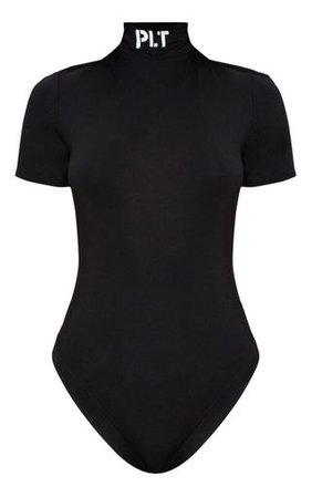 Plt Black Slogan High Neck Short Sleeve Bodysuit | PrettyLittleThing