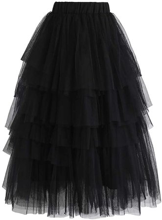 Chicwish Women's Nude Pink/Black Tiered Layered Mesh Ballet Prom Party Tulle Tutu A-line Midi Skirt at Amazon Women’s Clothing store