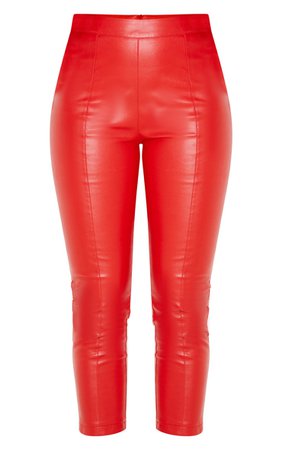 *clipped by @luci-her* Red Cropped Faux Leather Trousers | Trousers | PrettyLittleThing USA