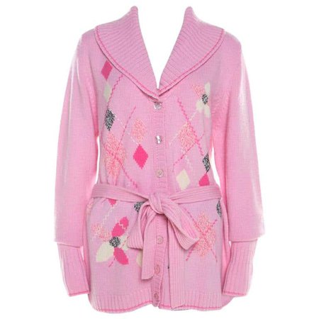 Escada Pink Cashmere Argyle Embroidered Detail Belted Cardigan L For Sale at 1stdibs