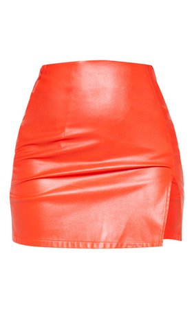 Petite Orange Pu Side Split Mini Skirt | PrettyLittleThing