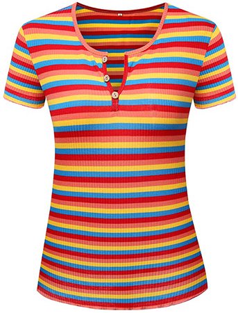 Women's Short Sleeve Striped T-Shirt Henley V-Neck Slim Fit Tee Shirt Tops at Amazon Women’s Clothing store