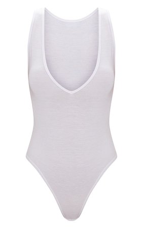 Basic White Jersey Plunge Neck Thong Bodysuit | PrettyLittleThing USA