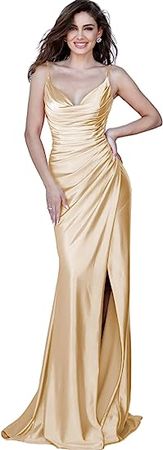 Women's Spaghetti Straps Mermaid Prom Dresses Long Ball Gown with Slit Satin Pleated Formal Evening Gowns at Amazon Women’s Clothing store