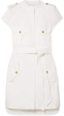 Belted Cotton-blend Mini Dress - White