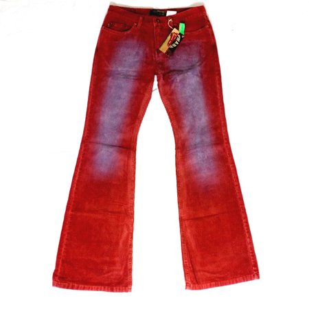 Amazingly funky rust red and lilac fade effect corduroy flare jeans