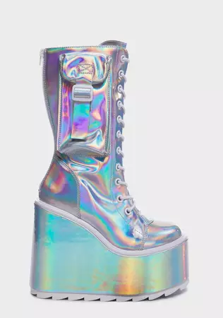 YRU Holographic Pocket Wedge Platform Boots - Silver – Dolls Kill