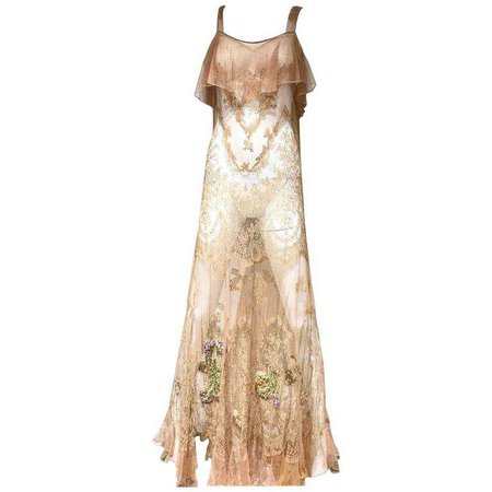 1930s mocha lace tulle and chantily lace dress For Sale at 1stdibs