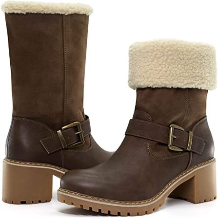 Amazon.com | katliu Women's Fashion Mid Calf Boots Foldable Warm Boots Fur Winter Boots with Chunky Heel | Snow Boots