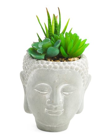 Faux Succulent Mix In Cement Budda Planter - Living Room - T.J.Maxx