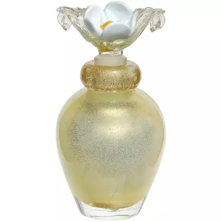Murano Gold Leaf over White Flower Top Italian Art Glass Vanity Perfume Bottle For Sale at 1stDibs | murano perfume bottles, gold top perfume bottle, flower top perfume bottle