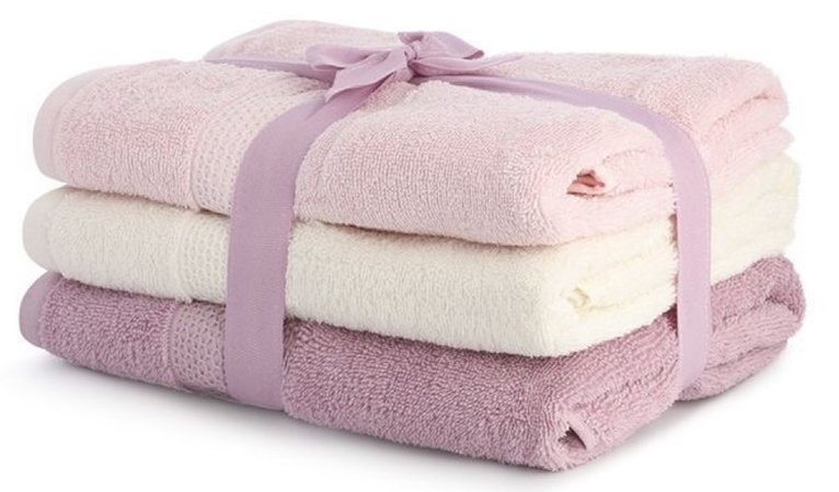 Towels (pink, purple, and white)