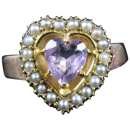 Antique Victorian Amethyst Pearl Heart Ring Circa 1880 18ct Gold : Antique Jewellery Group | Ruby Lane