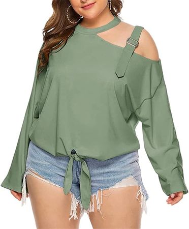 Fronage Women Plus Size Tops Halter Neck Cold Shoulder Blouse Knot Front Cute Solid T Shirts (Green, 3X-Large) at Amazon Women’s Clothing store