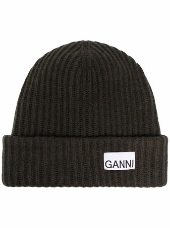 GANNI rib-knit logo-patch Beanie - Farfetch