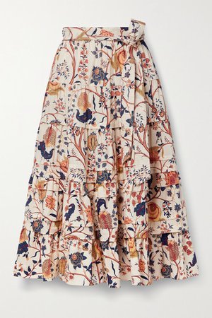 Sigrid Tiered Floral-print Cotton-poplin Midi Skirt - Ecru