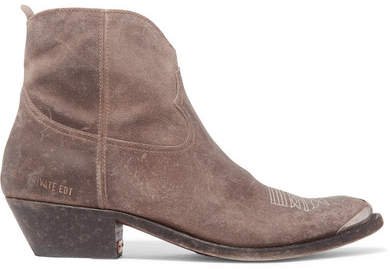 Young Distressed Embellished Embroidered Suede Ankle Boots - Taupe