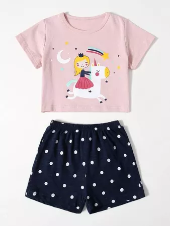 Conjunto de pijama de niñitas camiseta con estampado de dibujos animados con shorts de lunares | Mode de Mujer | SHEIN España