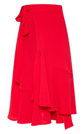 Red Frill Hem Wrap Midi Skirt | PrettyLittleThing
