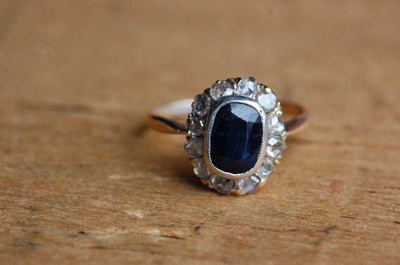 Antique Victorian 14K sapphire and rose cut diamond halo ring