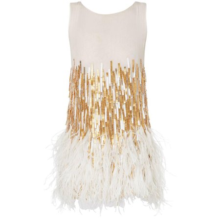 Nicholas Oakwell white and gold beaded mini dress with feather hem, circa 2012 For Sale at 1stdibs